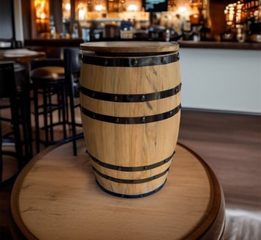 Rustic wooden barrel decor used as a table center piece in a modern bar setting.